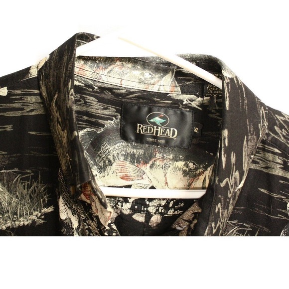 Vintage Mens RedHead Hawaiian Shirt Black Cotton Fishing Theme Size XL - Hey Viv - Picture 4 of 7